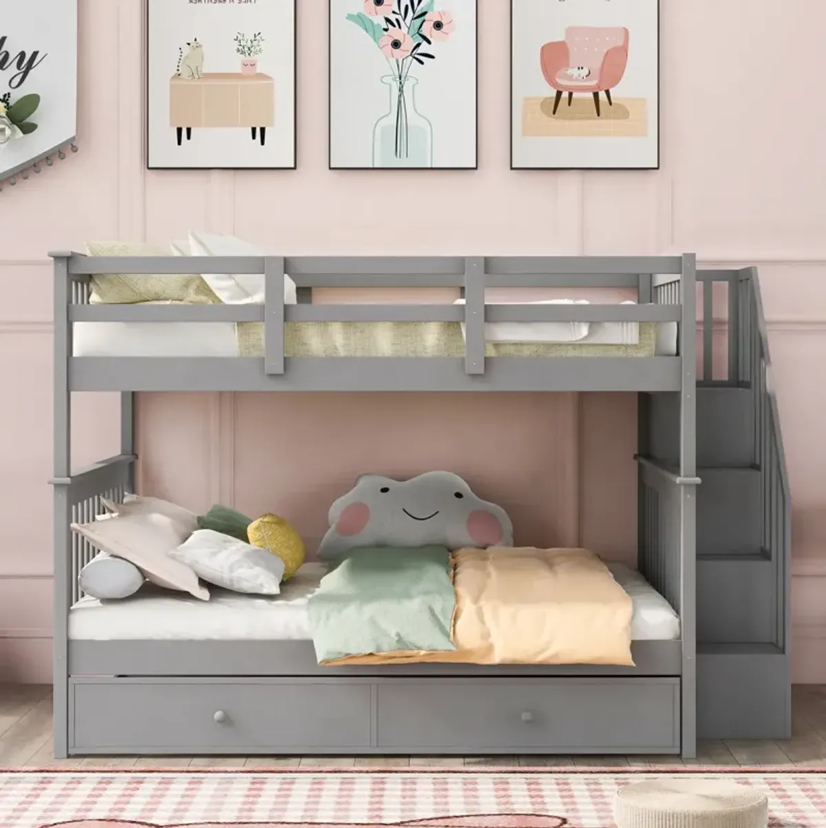 Stairway Full-Over-Full Bunk Bed With Twin Size Trundle, Storage And Guard Rail For Bedroom