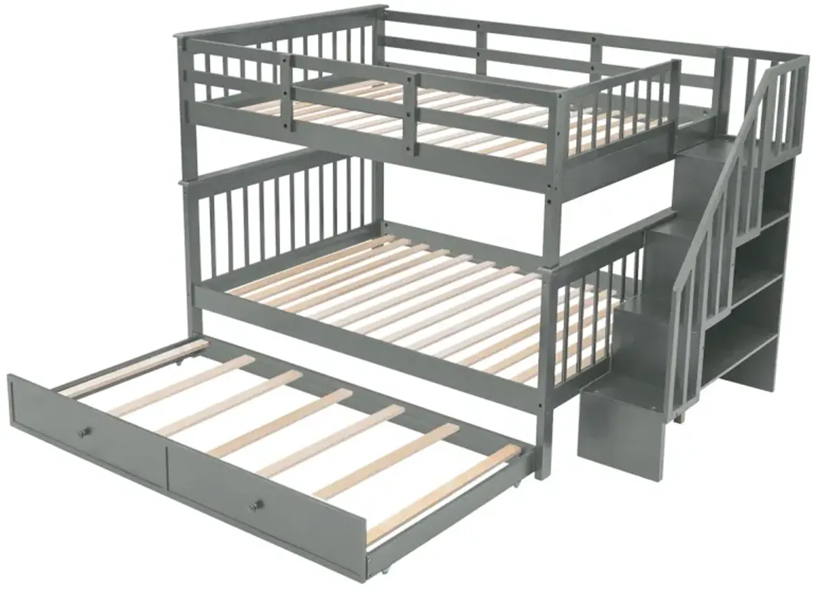 Stairway Full-Over-Full Bunk Bed With Twin Size Trundle, Storage And Guard Rail For Bedroom