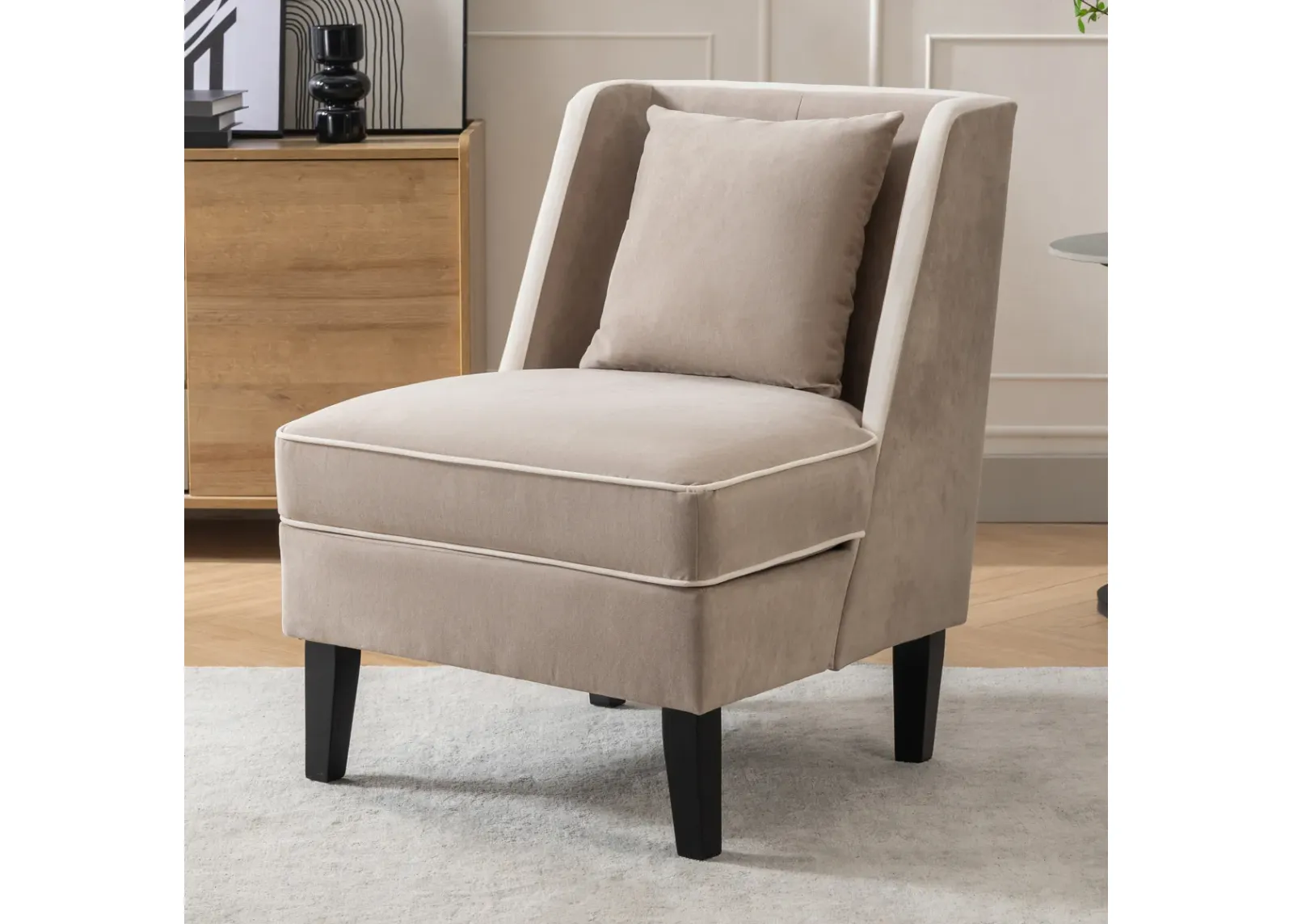 Velvet Upholstered Accent Chair With Cream Piping, Tan And Cream