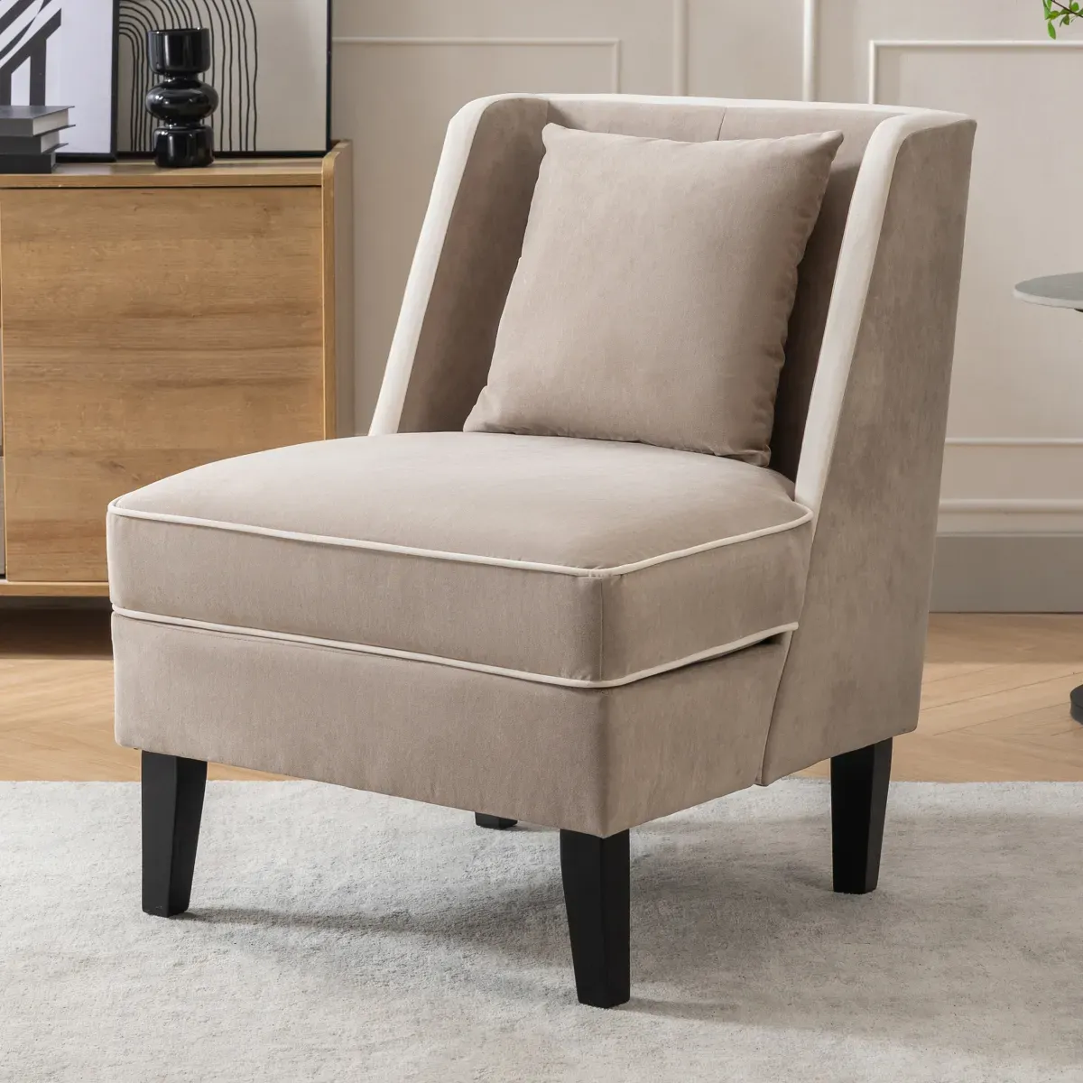 Velvet Upholstered Accent Chair With Cream Piping, Tan And Cream