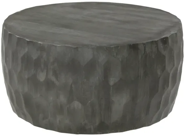 Val 34 Inch Handcrafted Mango Wood Coffee Table, Hammered Round Drum Shape, Honeycomb, Rustic Gray-Benzara