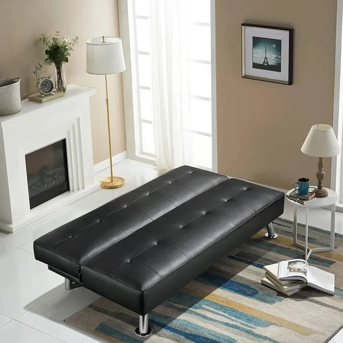 Hivvago Black Faux Leather Click Clack Adjustable Futon Sleeper Sofa