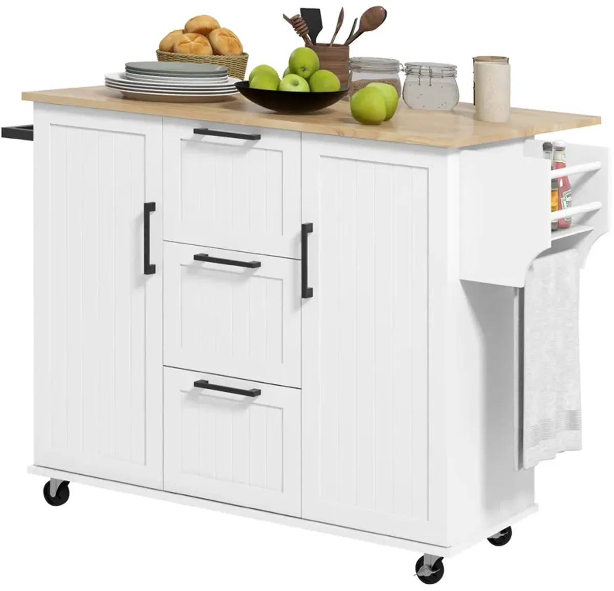 HOMCOM Kitchen Island on Wheels, Kitchen Cart with Drop Leaf, 3 Drawers