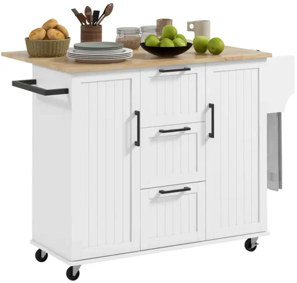 HOMCOM Kitchen Island on Wheels, Kitchen Cart with Drop Leaf, 3 Drawers