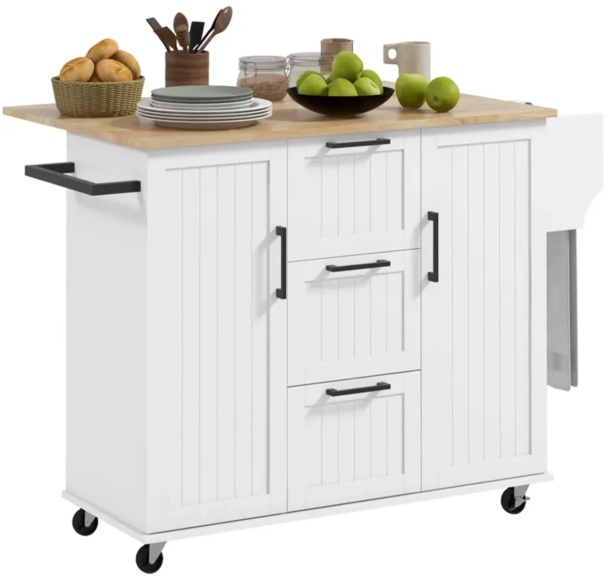 HOMCOM Kitchen Island on Wheels, Kitchen Cart with Drop Leaf, 3 Drawers