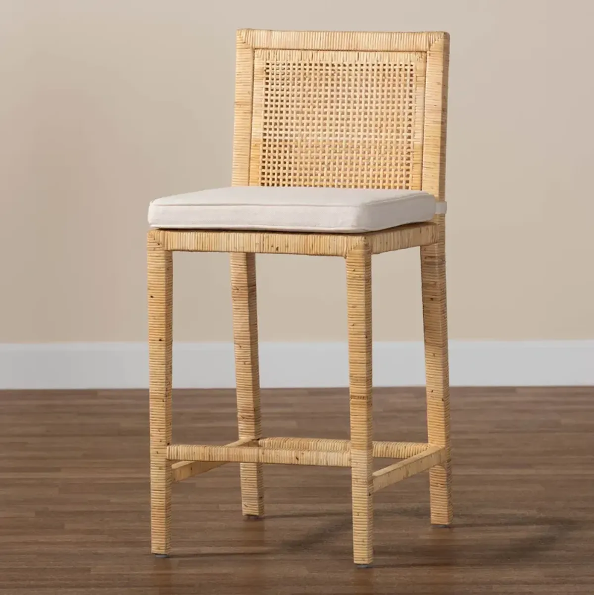 Baxton Studio Sofia Modern and Contemporary Natural Finished Wood and Rattan Counter Stool