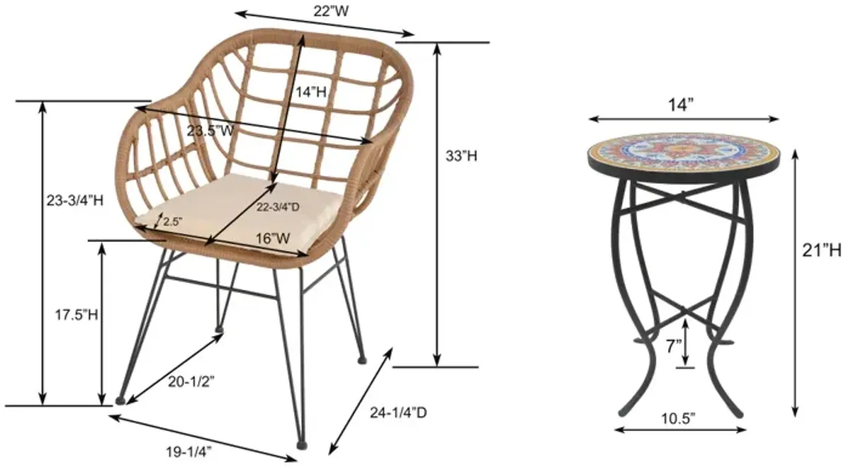 3-Piece Patio Conversation Set with 2 Wicker Chairs