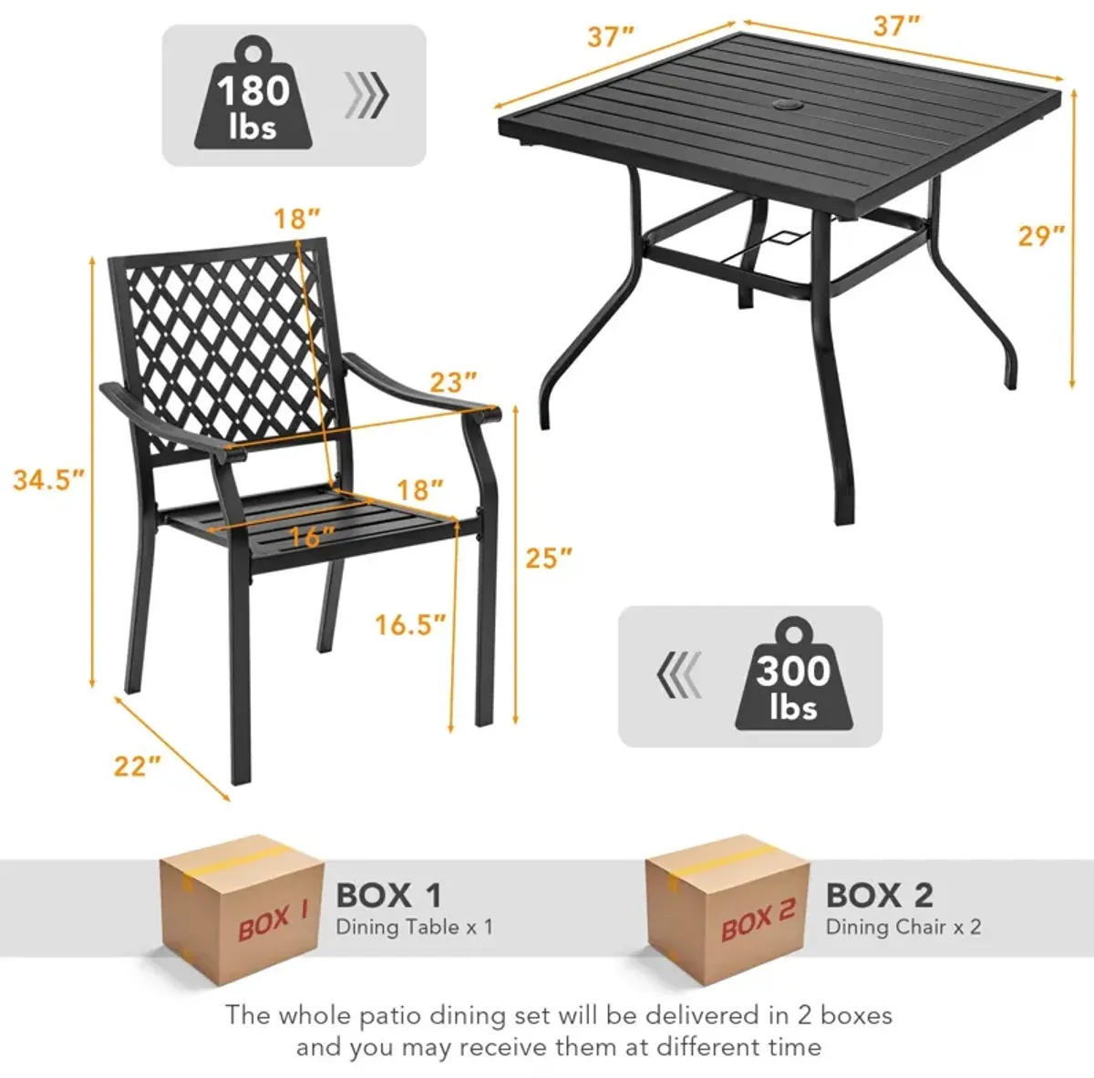 3 Pieces Patio Dining Set Stackable Chairs Armrest Table with Umbrella Hole