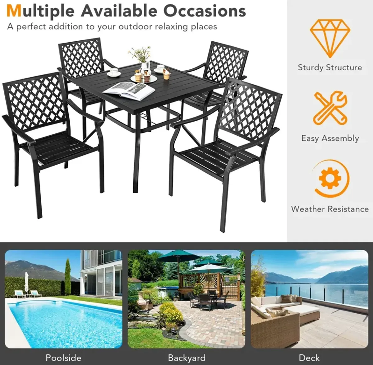 3 Pieces Patio Dining Set Stackable Chairs Armrest Table with Umbrella Hole