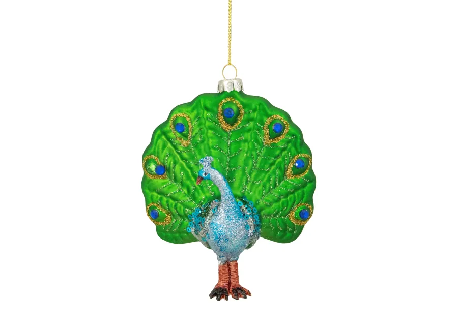 4.75" Green and Blue Peacock Glass Christmas Ornament