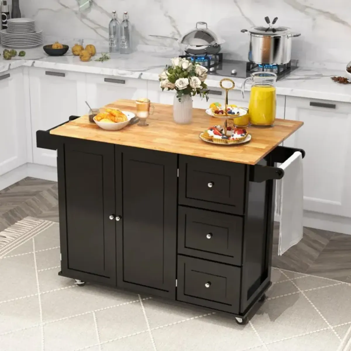 Hivvago Kitchen Island Trolley Cart Wood with Drop-Leaf Tabletop and Storage Cabinet