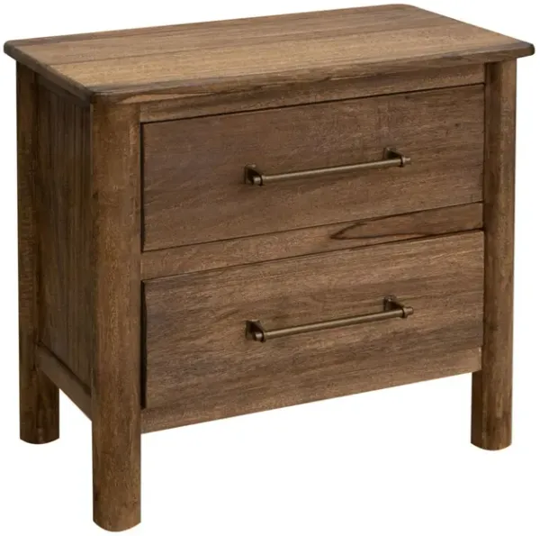 Benjara Olum 28 Inch Nightstand, 2 Drawers, Metal Handles, Solid Mango Wood, Brown and Gold