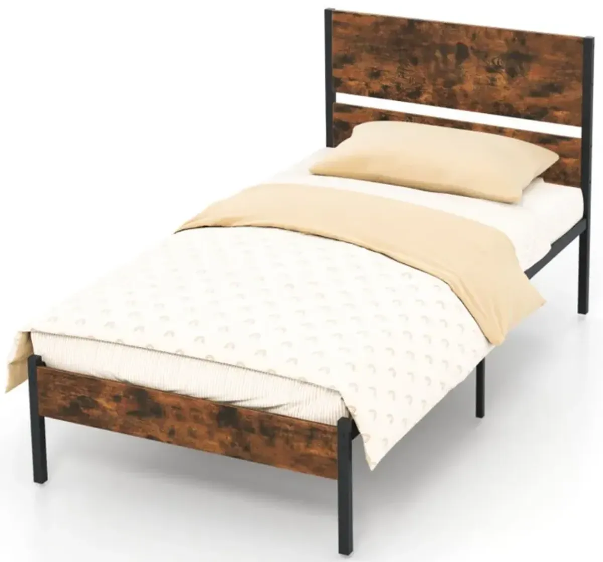 Bed Frame with Wooden Headboard and Footboard for Classic Style and Sturdy Support