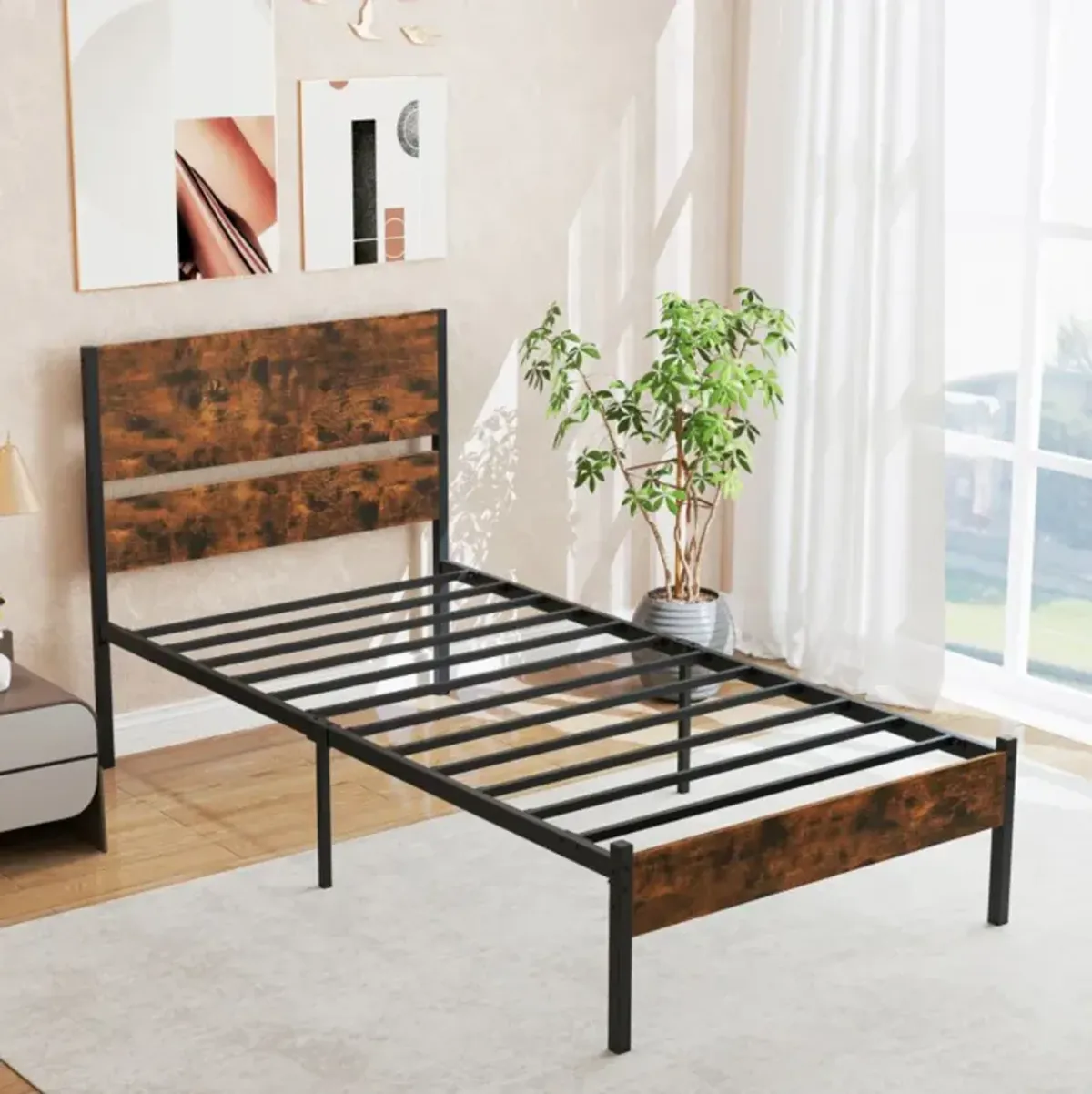 Bed Frame with Wooden Headboard and Footboard for Classic Style and Sturdy Support