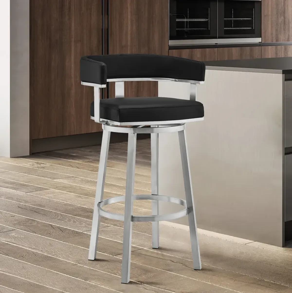 Lorin Bar Height Swivel Bar Stool in Java Brown Finish and Chocolate Faux Leather