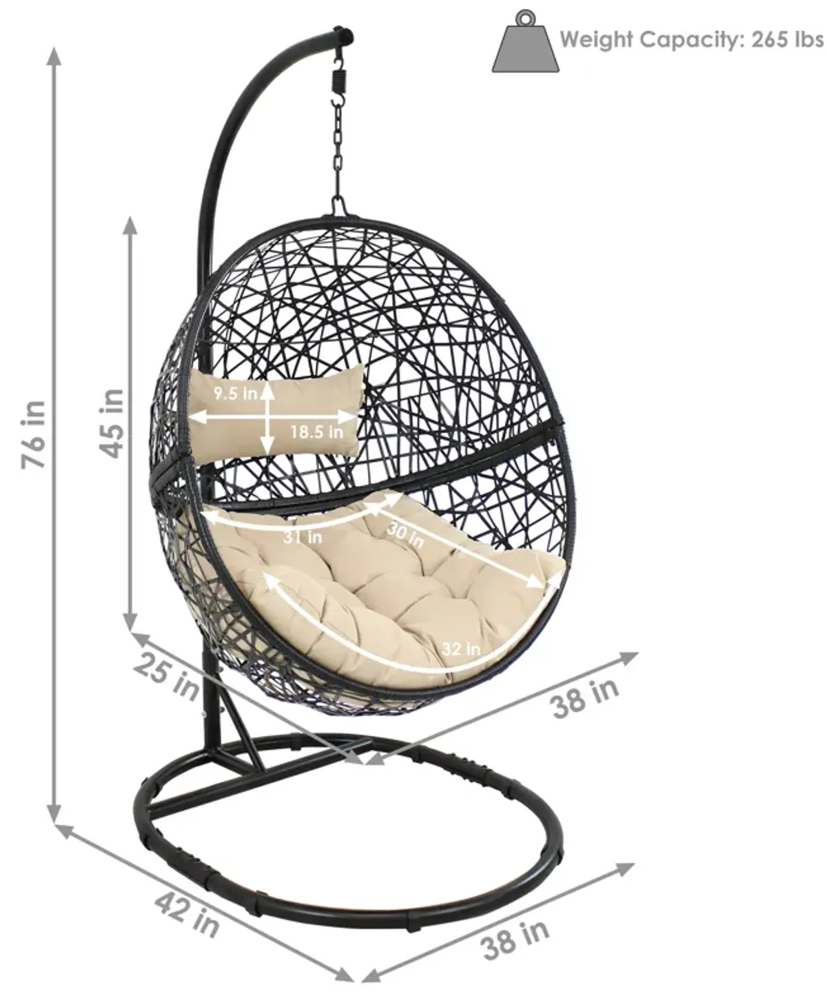 Sunnydaze Resin Wicker Hanging Egg Chair with Steel Stand/Cushion