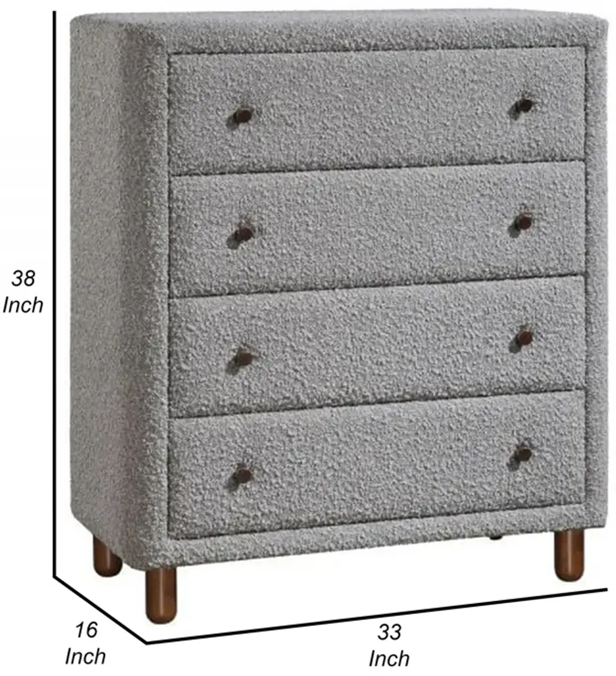 Lyno 38 Inch Tall Dresser Chest, 4 Drawers, Gray Boucle Upholstery, Brown - Benzara