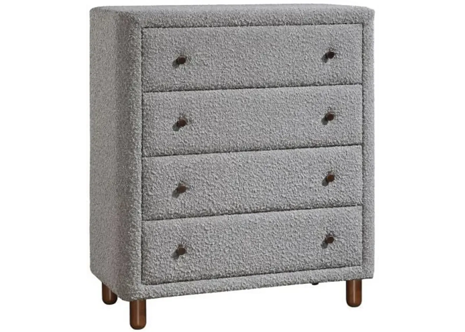 Lyno 38 Inch Tall Dresser Chest, 4 Drawers, Gray Boucle Upholstery, Brown - Benzara