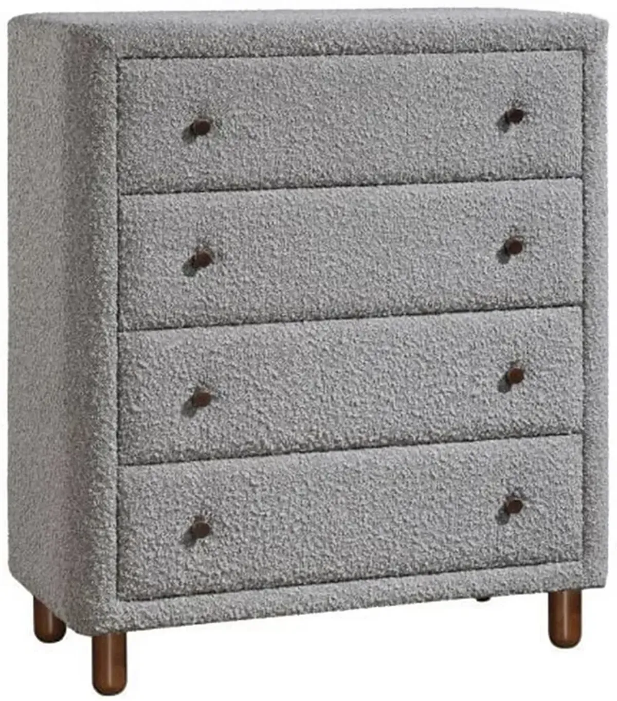 Lyno 38 Inch Tall Dresser Chest, 4 Drawers, Gray Boucle Upholstery, Brown - Benzara