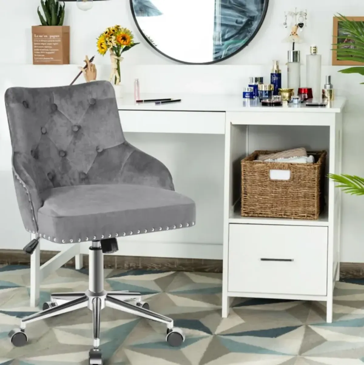 Hivvago Tufted Upholstered Swivel Computer Desk Chair with Nailed Tri