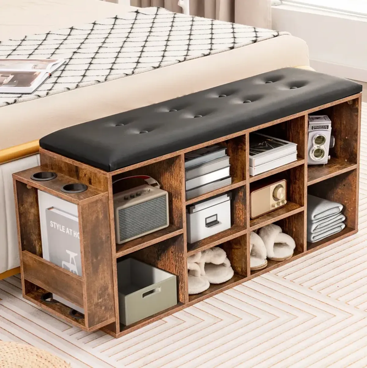 Shoe Storage Bench with Umbrella Stand and Adjustable Shelf-Rustic Brown