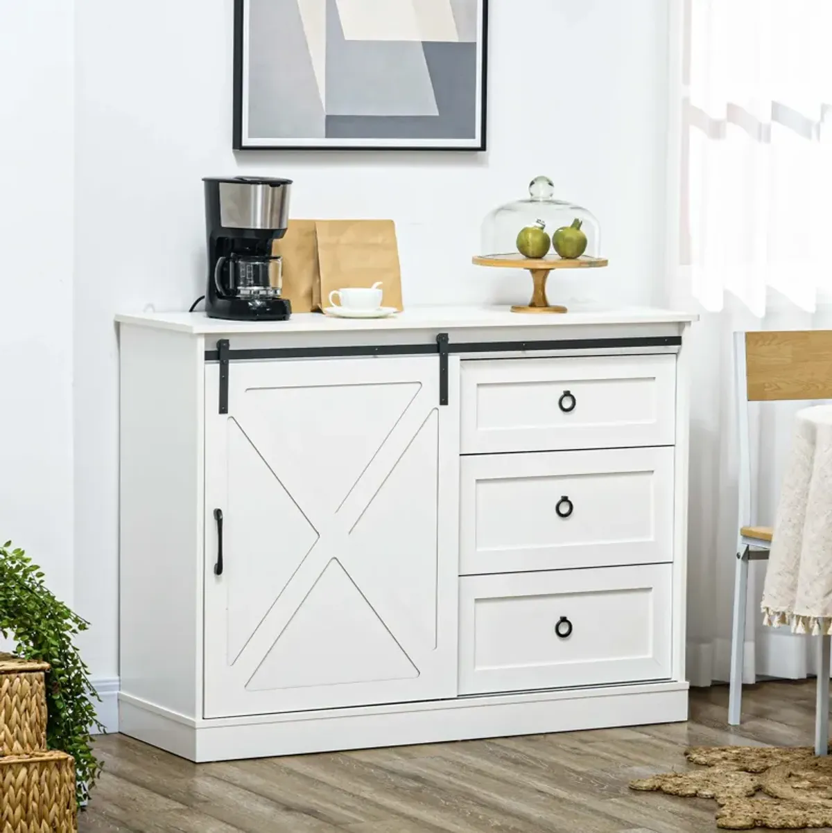 HOMCOM Farmhouse Sideboard Buffet Cabinet, Kitchen Cabinet Coffee Bar Cabinet with Sliding Barn Door and 3 Storage Drawers for Living Room, White