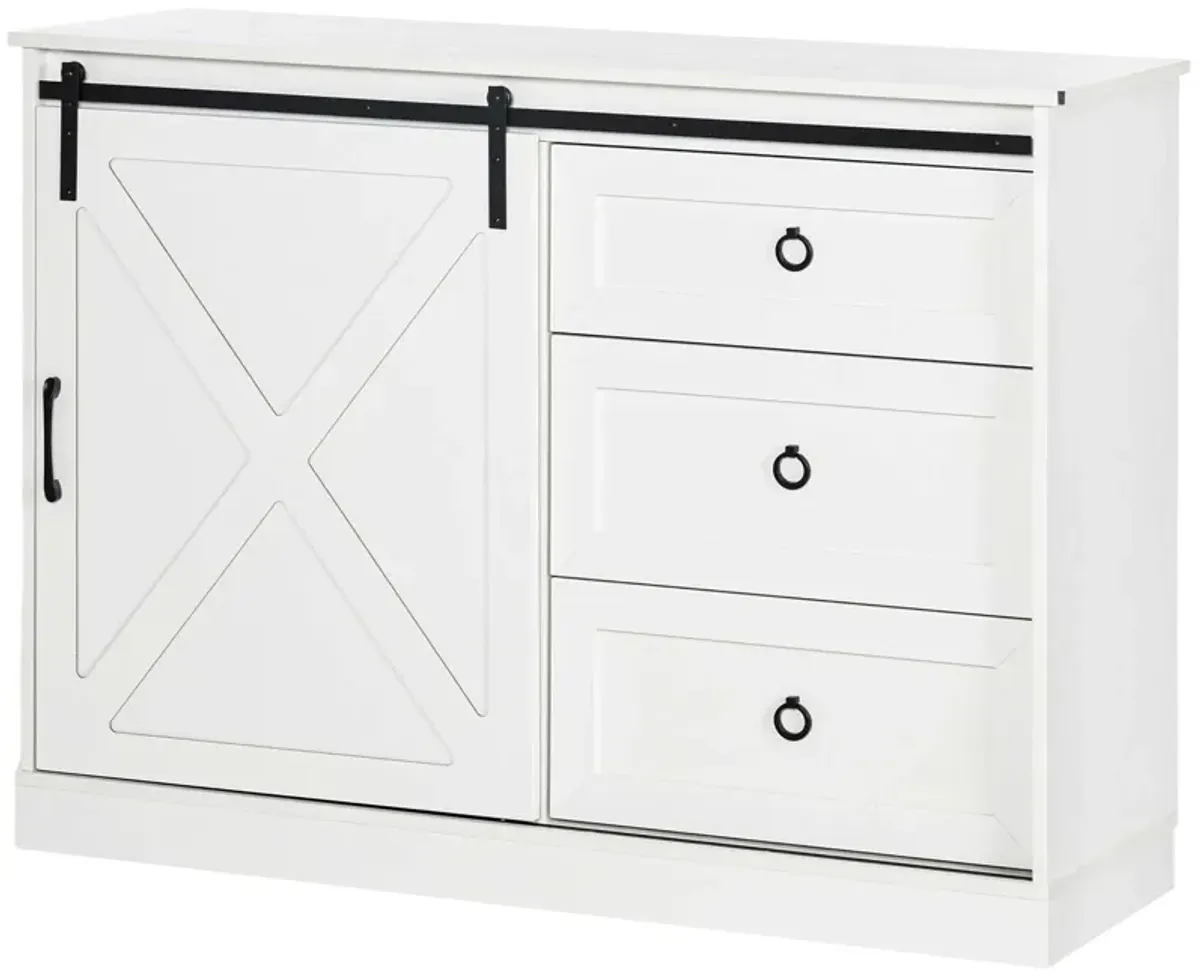 HOMCOM Farmhouse Sideboard Buffet Cabinet, Kitchen Cabinet Coffee Bar Cabinet with Sliding Barn Door and 3 Storage Drawers for Living Room, White