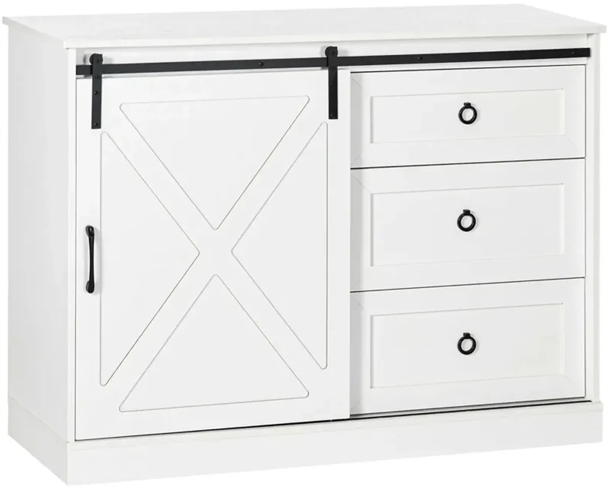 HOMCOM Farmhouse Sideboard Buffet Cabinet, Kitchen Cabinet Coffee Bar Cabinet with Sliding Barn Door and 3 Storage Drawers for Living Room, White