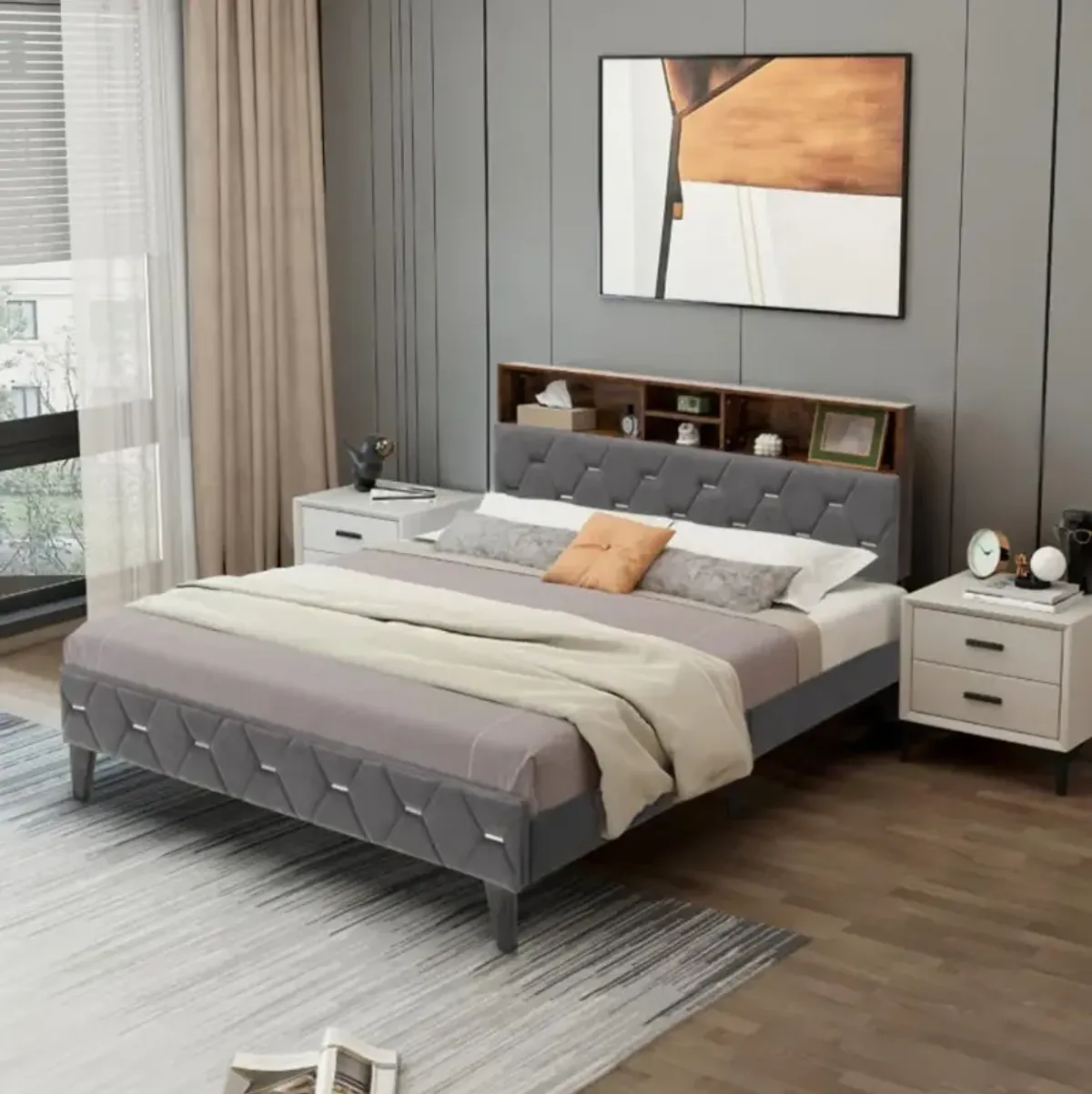 Hivvago Upholstered Bed Frame with Storage Headboard