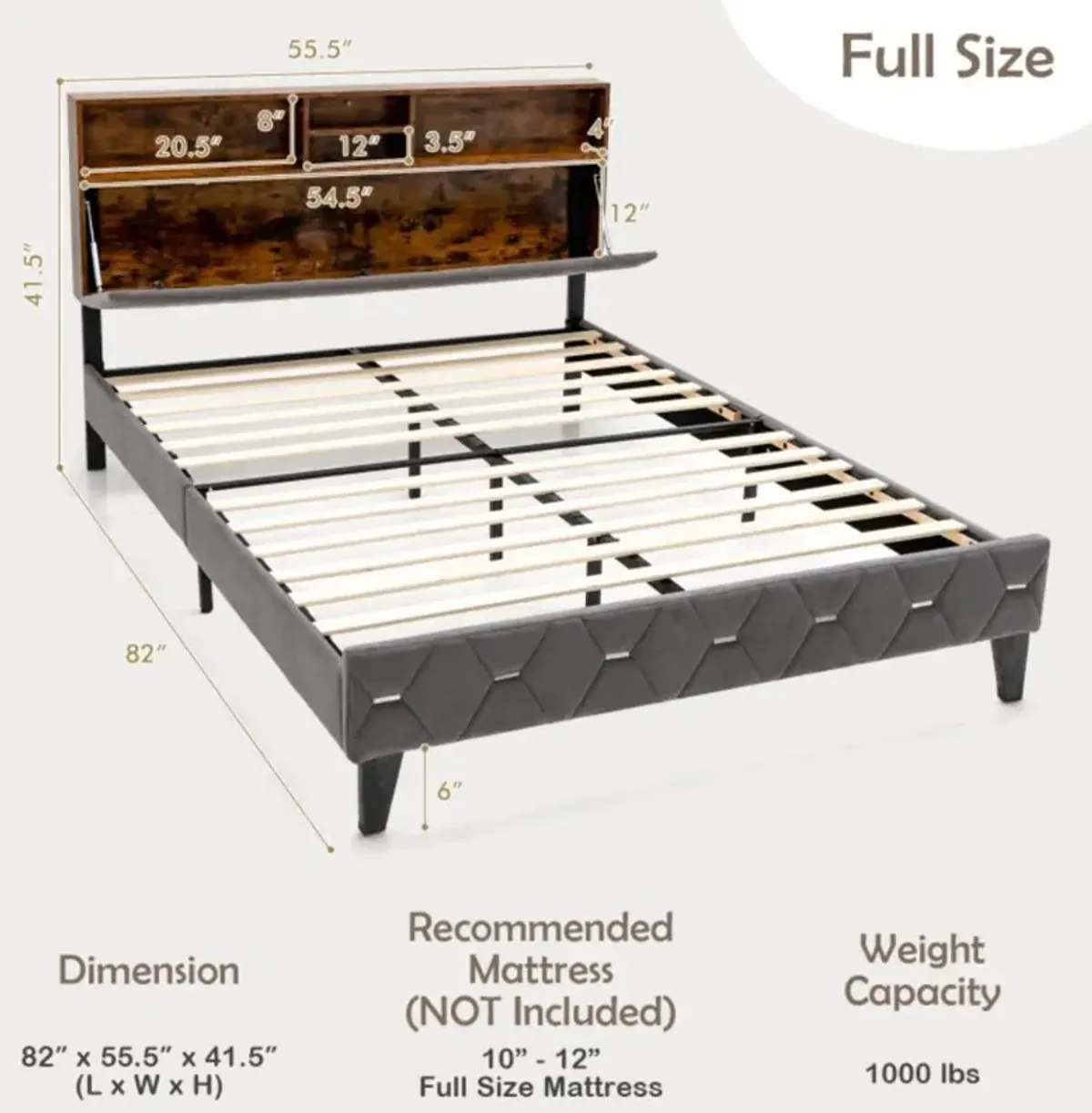 Hivvago Upholstered Bed Frame with Storage Headboard