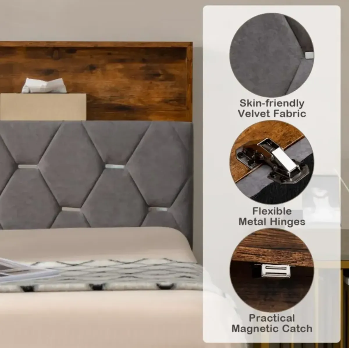 Hivvago Upholstered Bed Frame with Storage Headboard