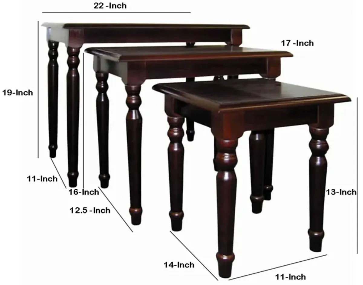 3 Piece Wooden Nesting Tables with Turned Tapered Legs, Cherry Brown-Benzara