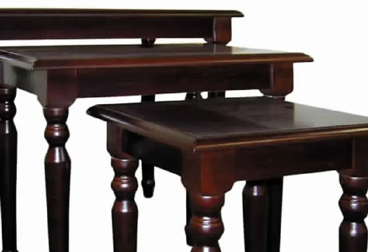 3 Piece Wooden Nesting Tables with Turned Tapered Legs, Cherry Brown-Benzara