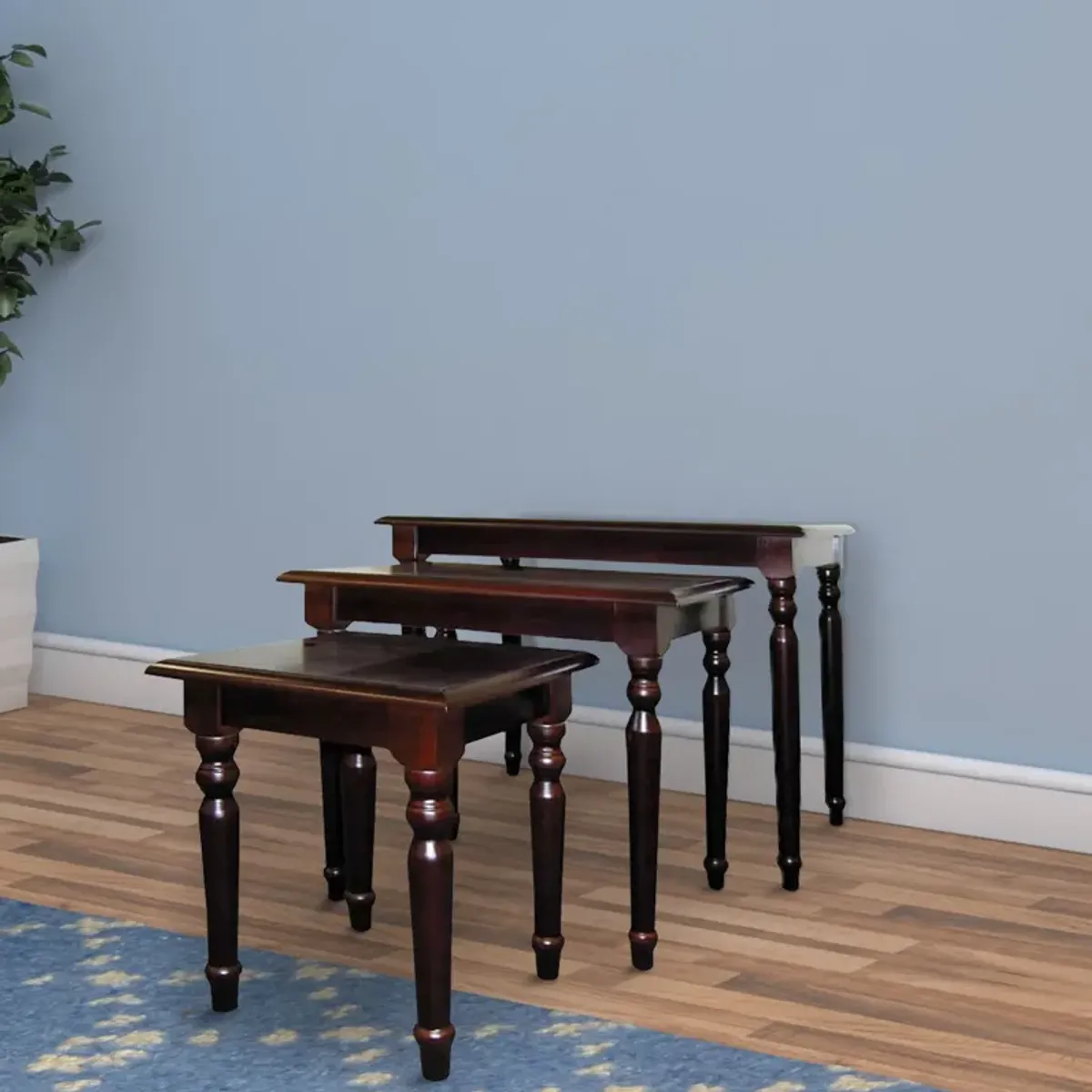 3 Piece Wooden Nesting Tables with Turned Tapered Legs, Cherry Brown-Benzara