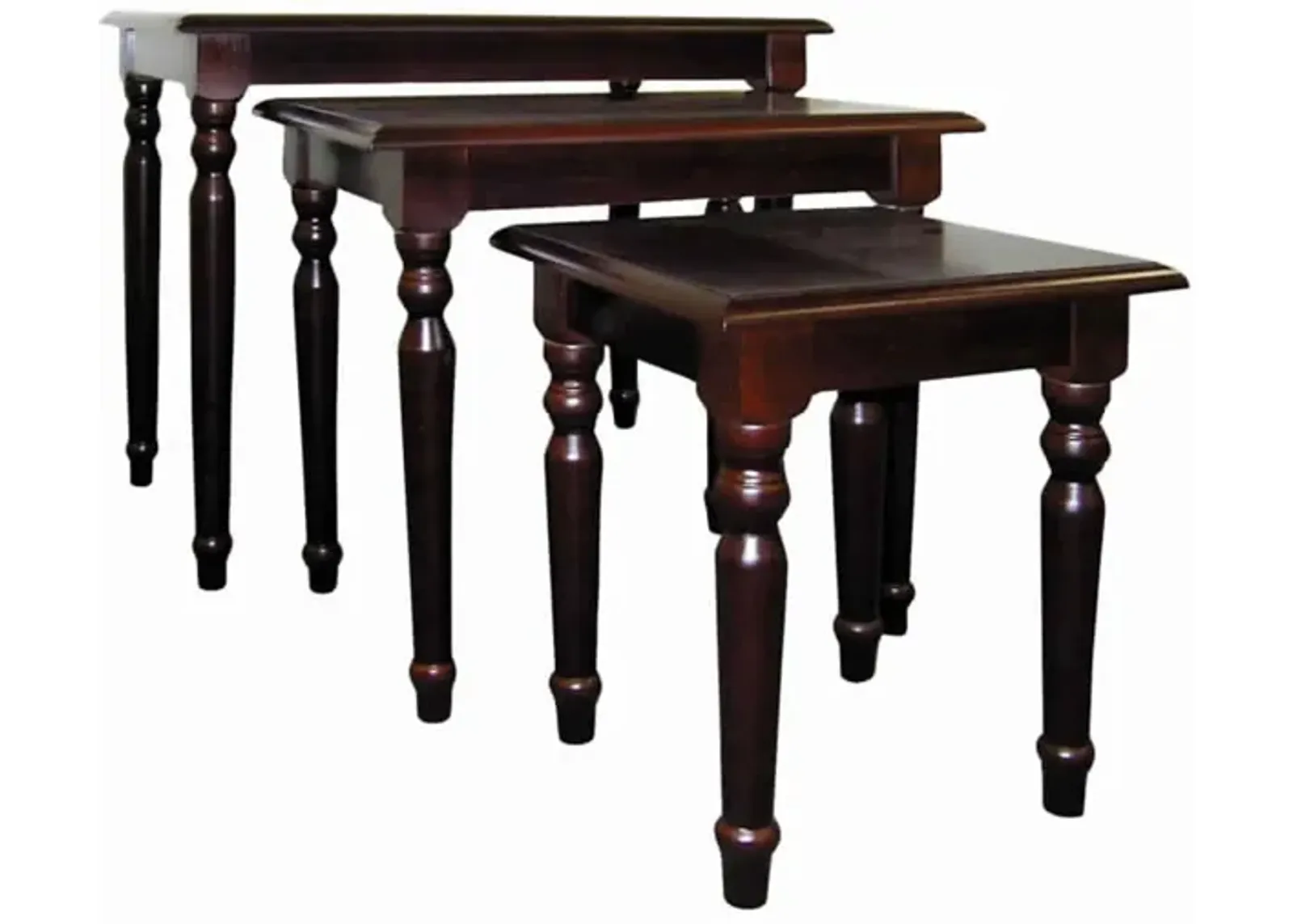 3 Piece Wooden Nesting Tables with Turned Tapered Legs, Cherry Brown-Benzara