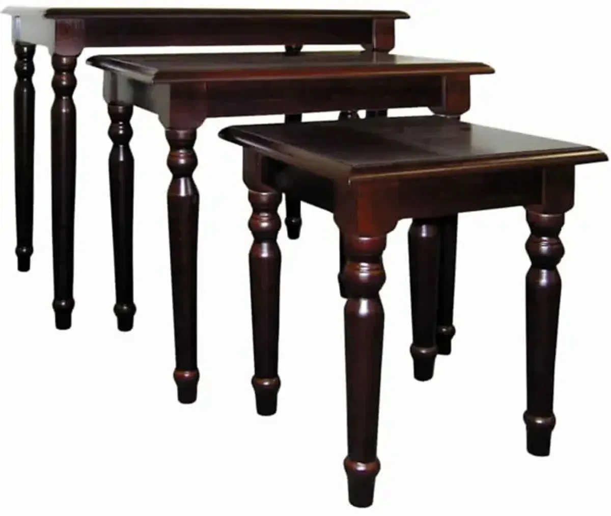 3 Piece Wooden Nesting Tables with Turned Tapered Legs, Cherry Brown-Benzara