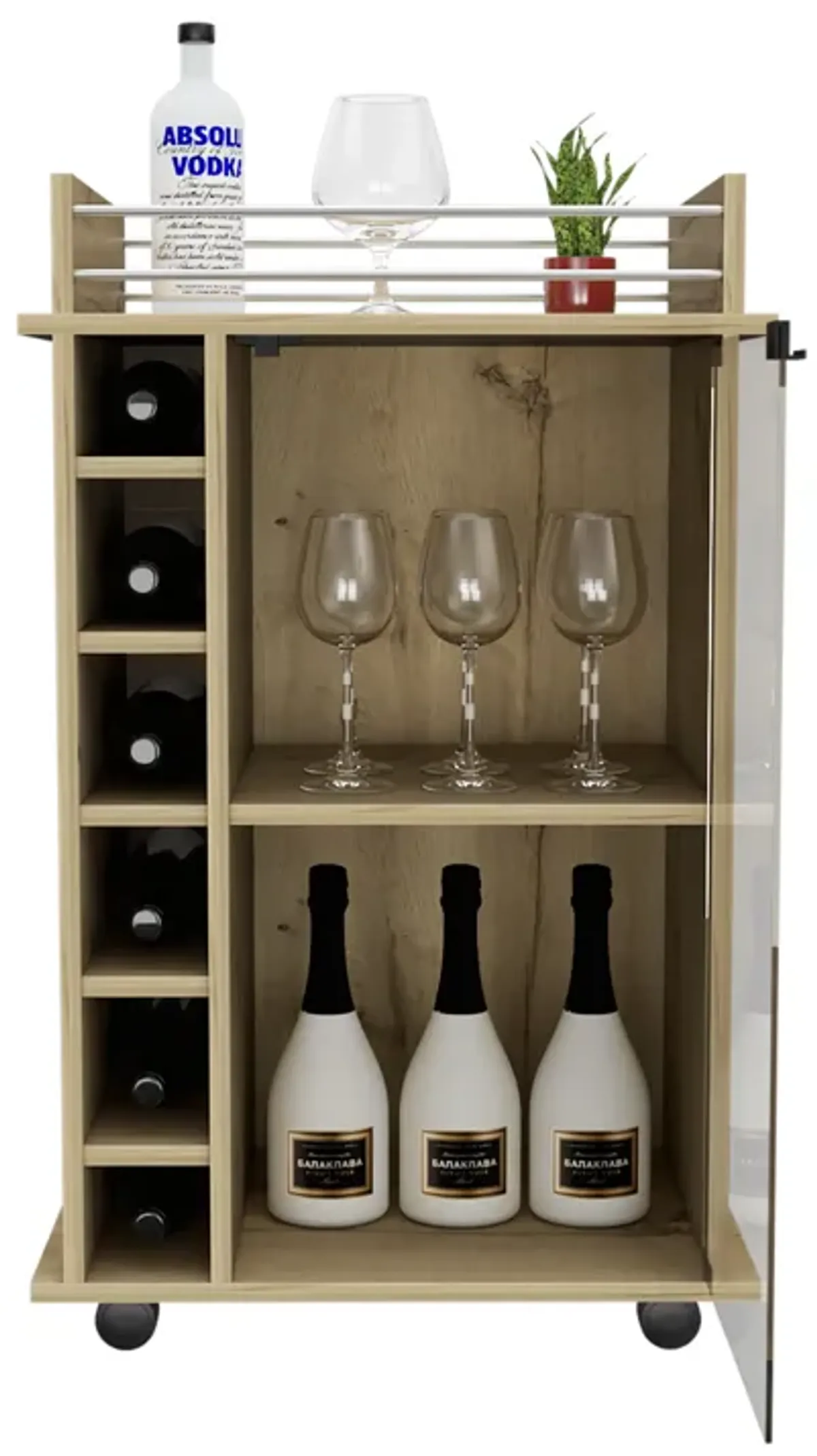 DEPOT E-SHOP Huali Bar Cart, Six Built-in Wine Rack, Glass Door, Four Casters, Two Shelves, Light Oak