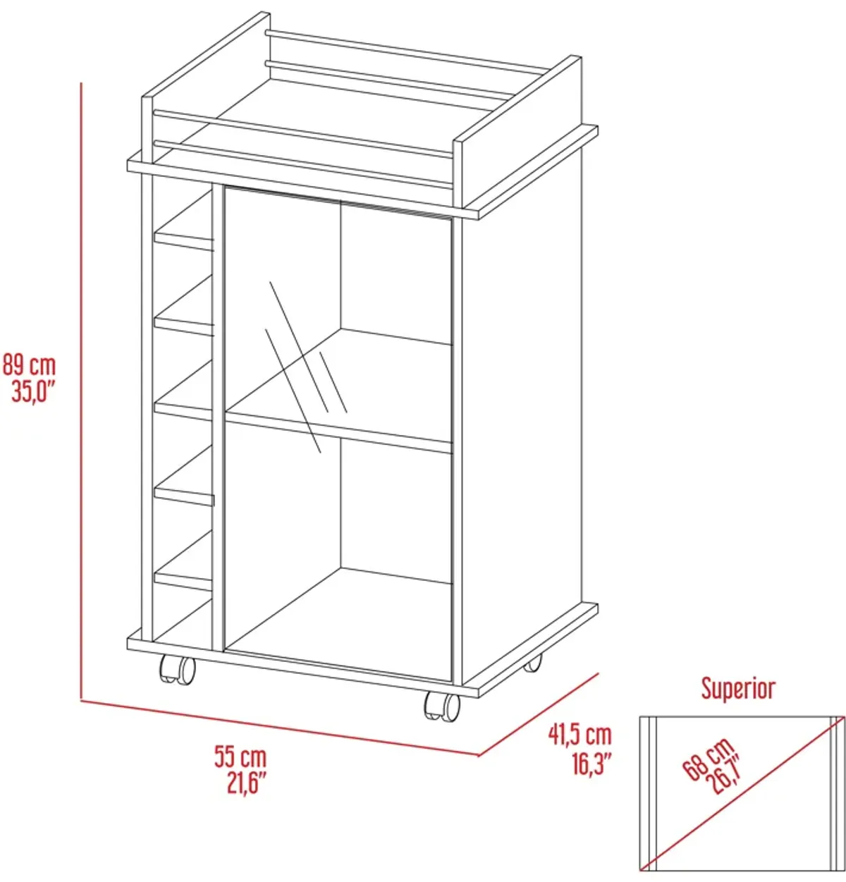 DEPOT E-SHOP Huali Bar Cart, Six Built-in Wine Rack, Glass Door, Four Casters, Two Shelves, Light Oak