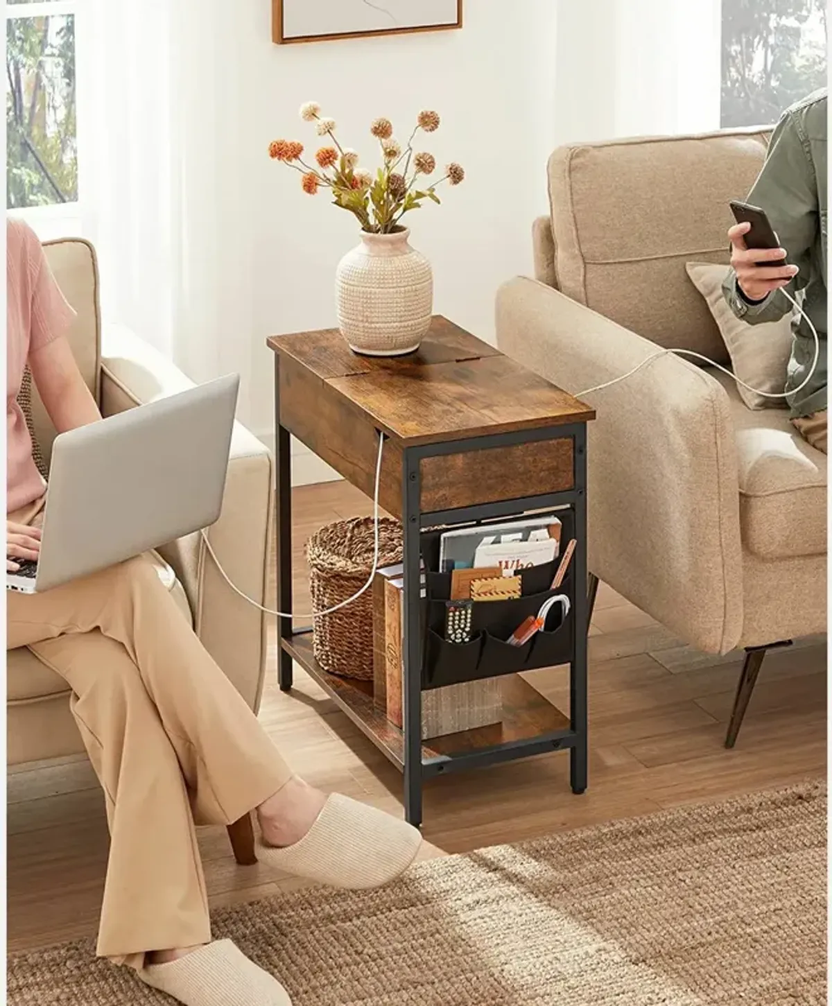 Sofa Side Table with Power Outlet - Convenient Table for Charging Devices and Stylish Decor