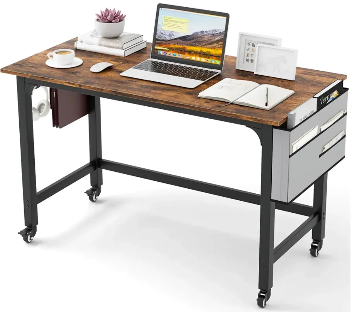 48" Rolling Computer Desk with Heavy-duty Metal Frame for Home and Office