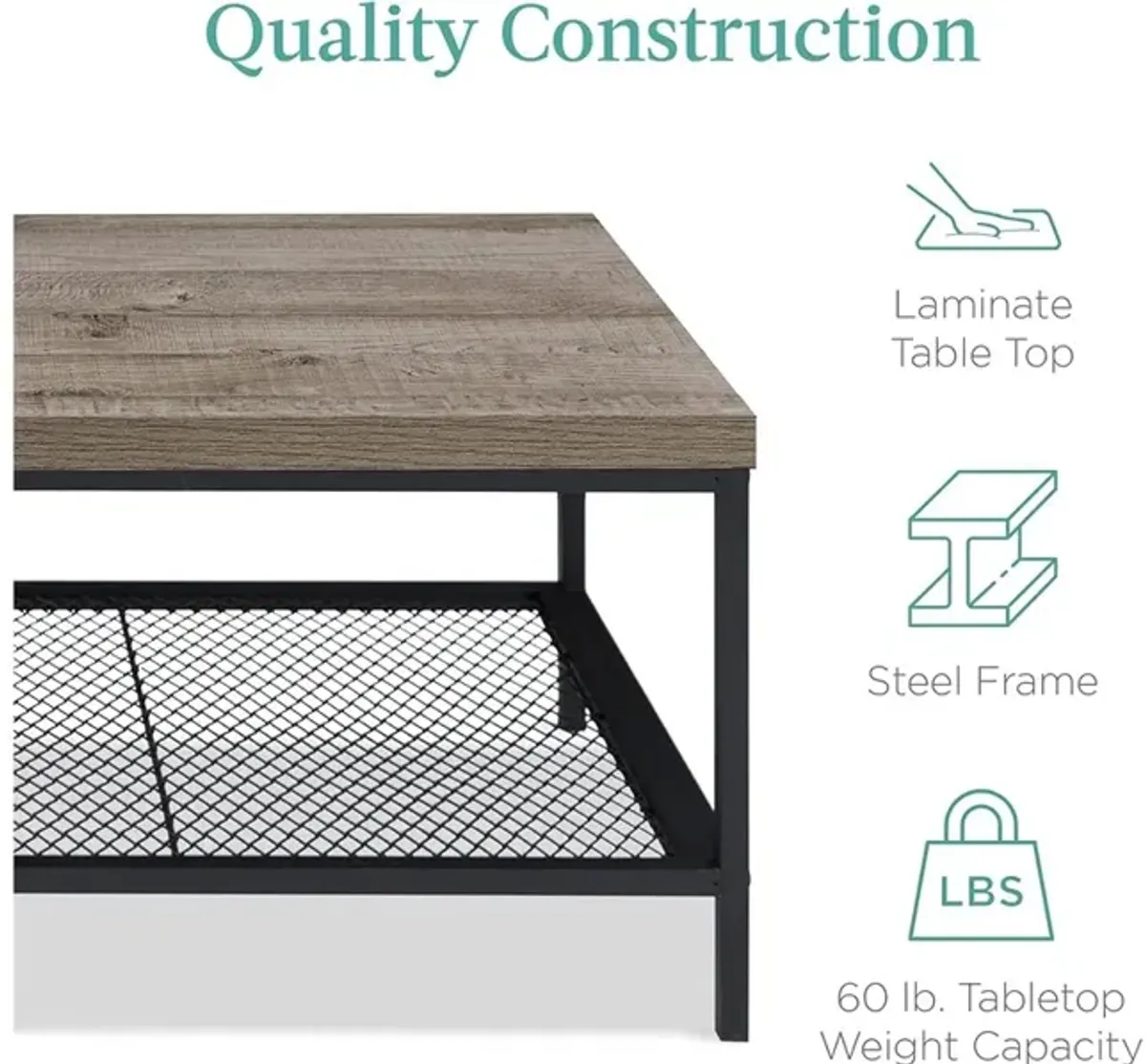 Best Choice Products Large 2-Tier Industrial Rectangular Wood Grain Top Coffee Table