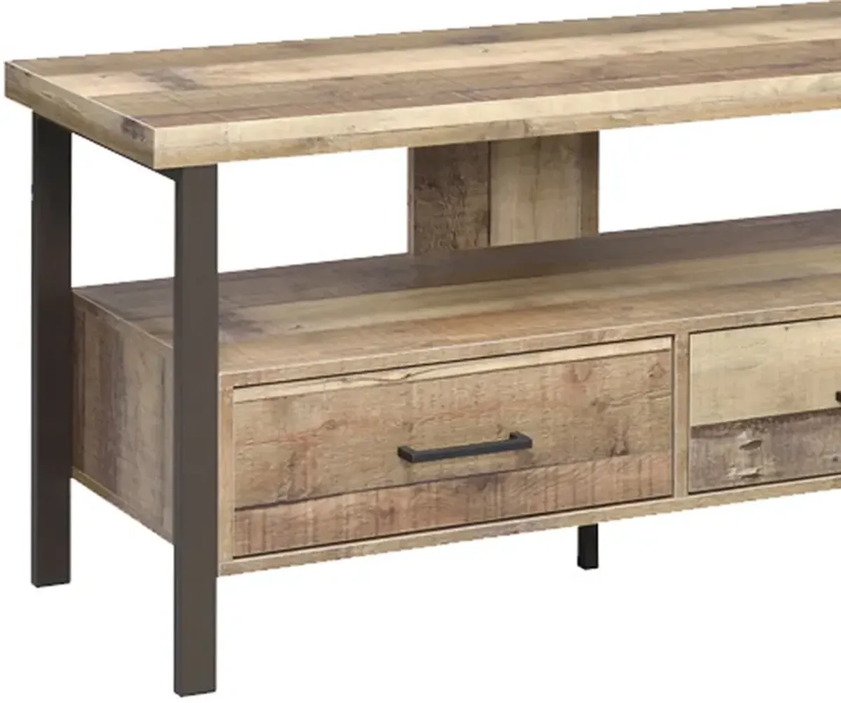 48 Inch Wooden TV Console with 2 Storage Drawers and Open Shelf, Brown - Benzara