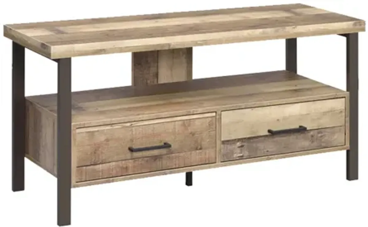 48 Inch Wooden TV Console with 2 Storage Drawers and Open Shelf, Brown - Benzara
