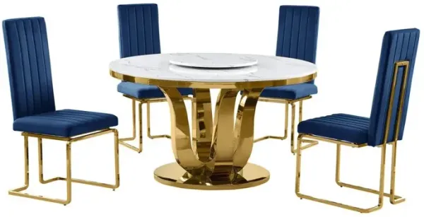 5pc White marble round dining set with gold base and 4 Navy blue side chairs