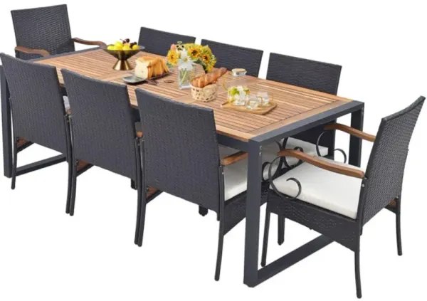 Hivvago 9 Pieces  Patio Rattan Dining Set with Acacia Wood Table for Backyard  Garden-Curved Handrail