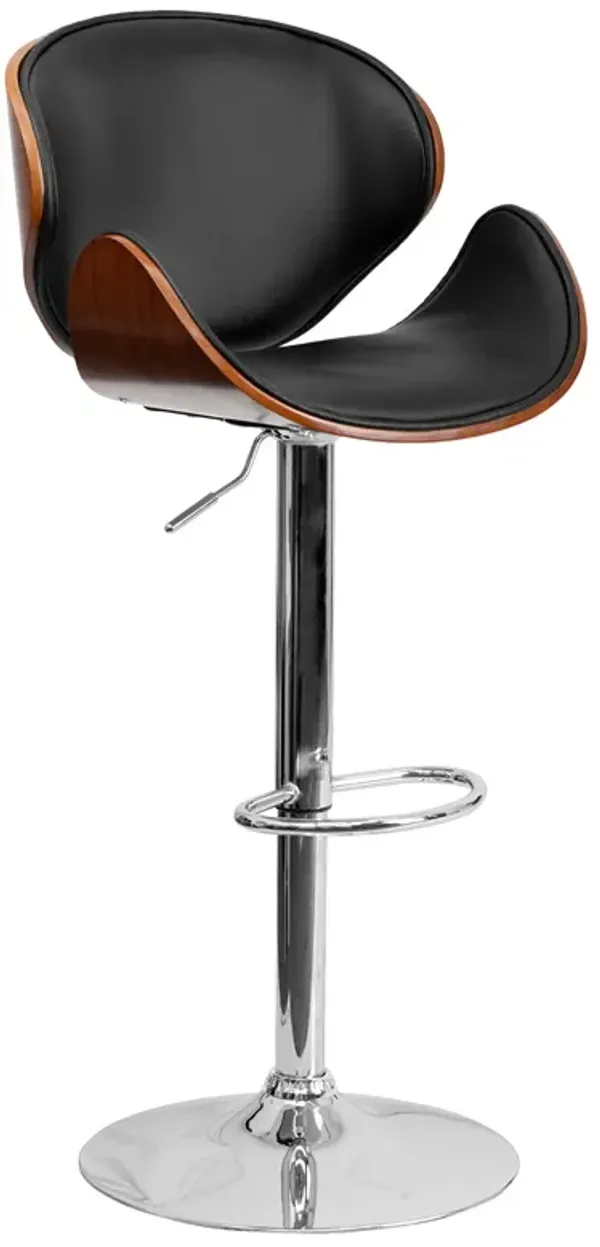 Flash Furniture Farley Walnut Bentwood Adjustable Height Barstool with Curved Back and Black Vinyl Seat