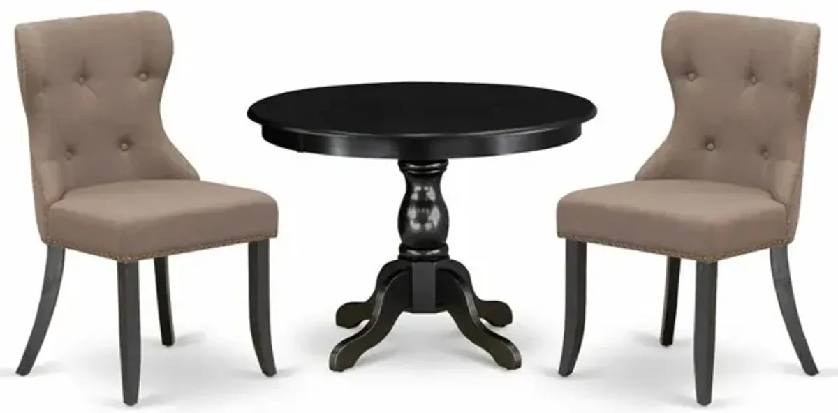 East West Furniture HBSI3-ABK-48 3 Piece Dining Table Set - Black Wood Dining Table and 2 Coffee Linen Fabric Kitchen Chairs Button Tufted Back with Nail Heads - Wire Brushed Black Finish