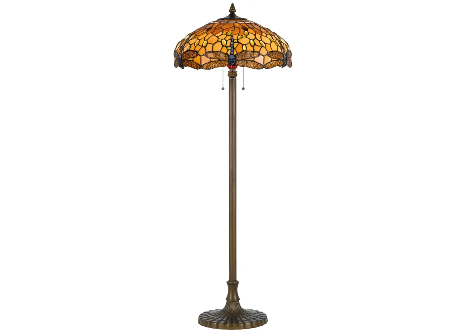 2 Bulb Tiffany Floor Lamp with Dragonfly Design Shade, Multicolor-Benzara