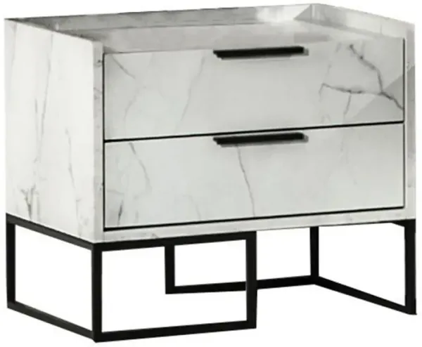 Noe Paul 24 Inch Wood Nightstand, 2 Drawers, Faux White Marble, Metal Legs - Benzara