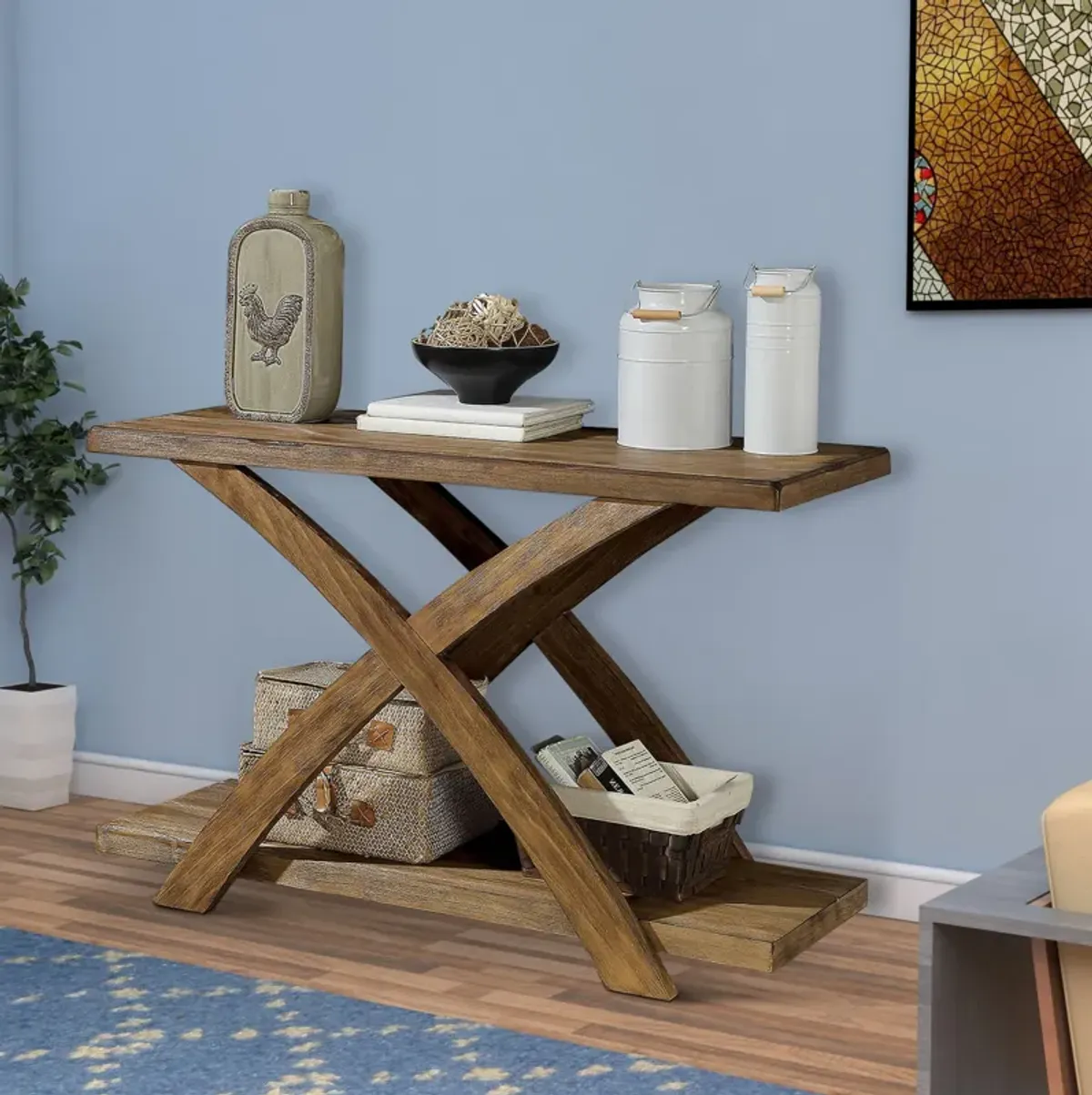 Wooden Sofa Table with Open Bottom Shelf and X Shaped Base, Antique Light Oak Brown-Benzara